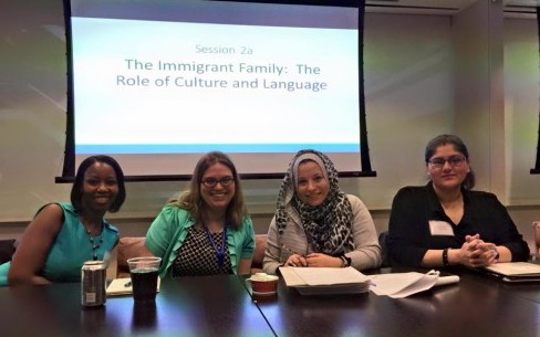 Itedal Shalabi from Arab American Family Services, Hajira Mahdi from Apna Ghar, Lanetta Haynes Turner JD, and Michelle Valiukenas Bikulcs JD from Life Span.